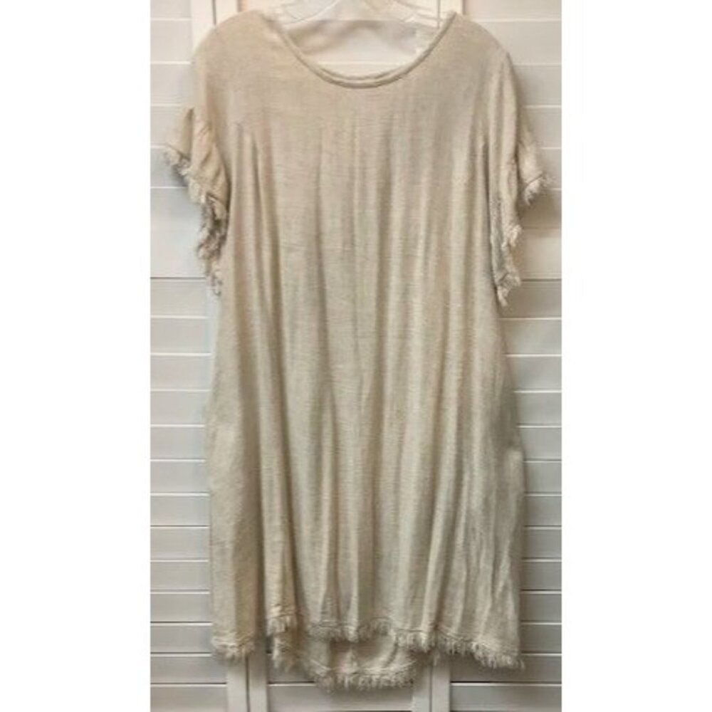 Umgee Womens Beige Textured Tunic Dress With‎ Fringe Hem & Cutout Back Detail